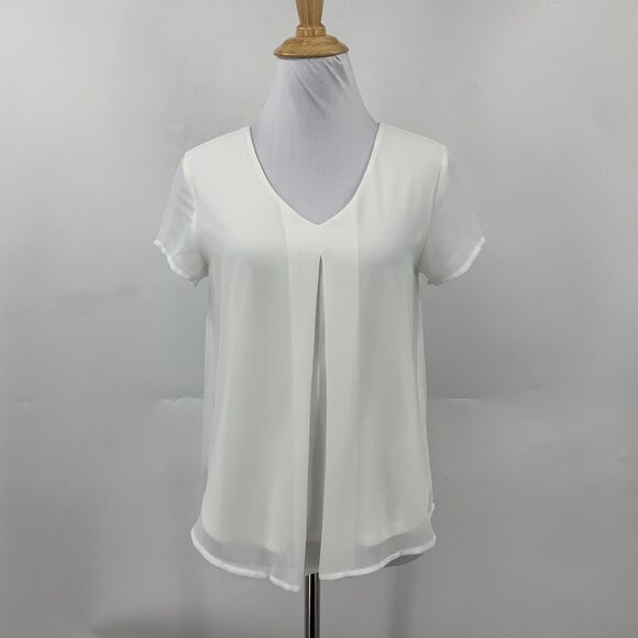 Monteau Blouse Women XS Extra Small White Split Front Chiffon Layer Short Sleeve - Picture 2 of 14